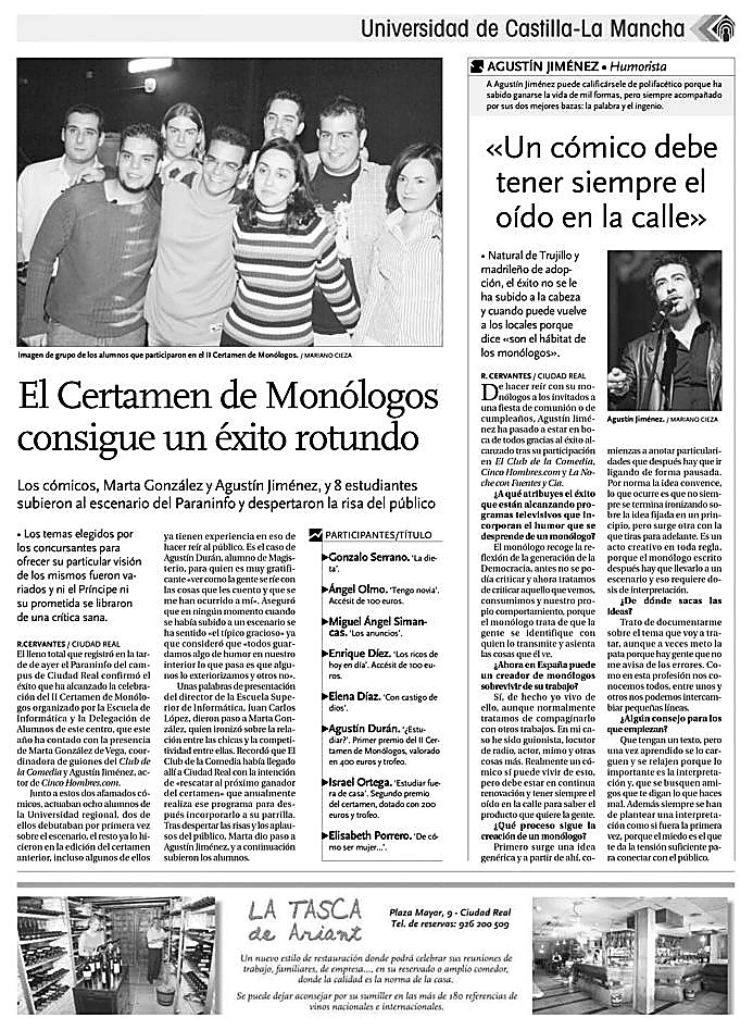 Página del periódico en el que salió por primer vez Agustín Durán, quien participó en un concurso de monólogos y lo ganó.