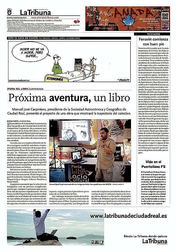 Contraportada de ‘La Tribuna’ del 8 de mayo de 2013, en la que Carpintero anuncia un libro y mostraba al fondo su mítica foto con la cara congelada. 