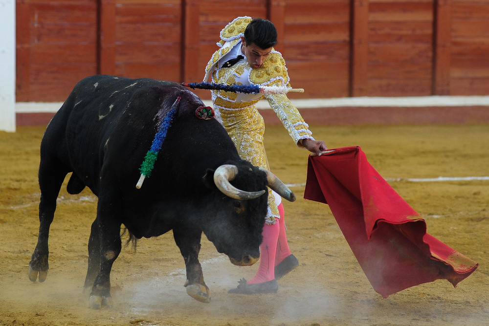 El torero Carlos Aranda durante la faena al toro de su alternativa, al que ha cortado una oreja, en la corrida de feria en Manzanares (Ciudad Real), con toros de la ganadería Castillejo de Huebra en la que ha compartido cartel con Morante de la Puebl