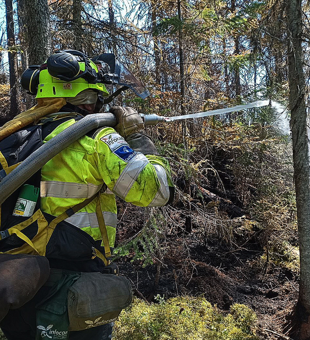 Uno de los bomberos del Infocam riega una zona de árboles afectados por las llamas. 