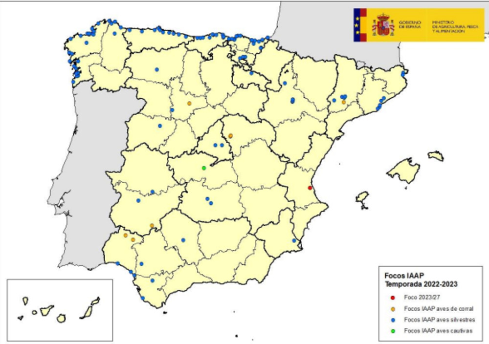 Localización de casos de gripe aviar en España en la temporada 2022/2023
